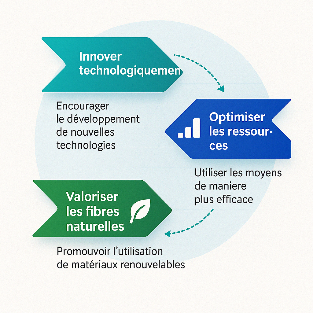 Diagramme illustrant trois axes d'action : Innover technologiquement (flèche turquoise), Optimiser les ressources (flèche bleue), et Valoriser les fibres naturelles (flèche verte), avec texte explicatif et icônes intégrées